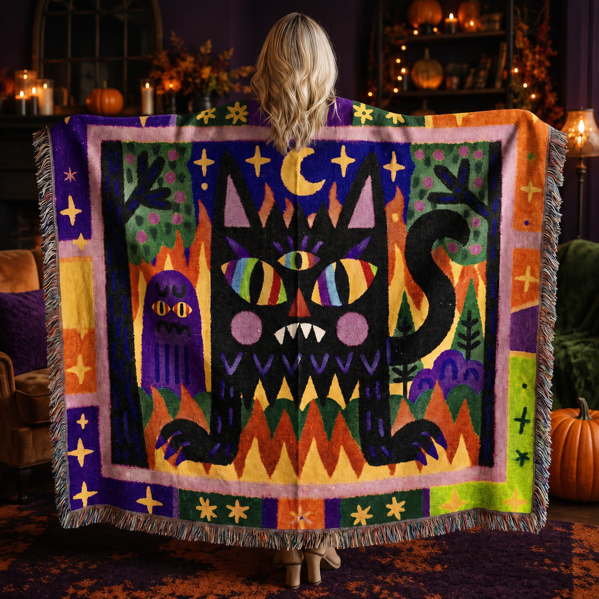Colorful black cat Halloween woven blanket with crescent moon, stars and folk art details in a cozy spooky-season room.