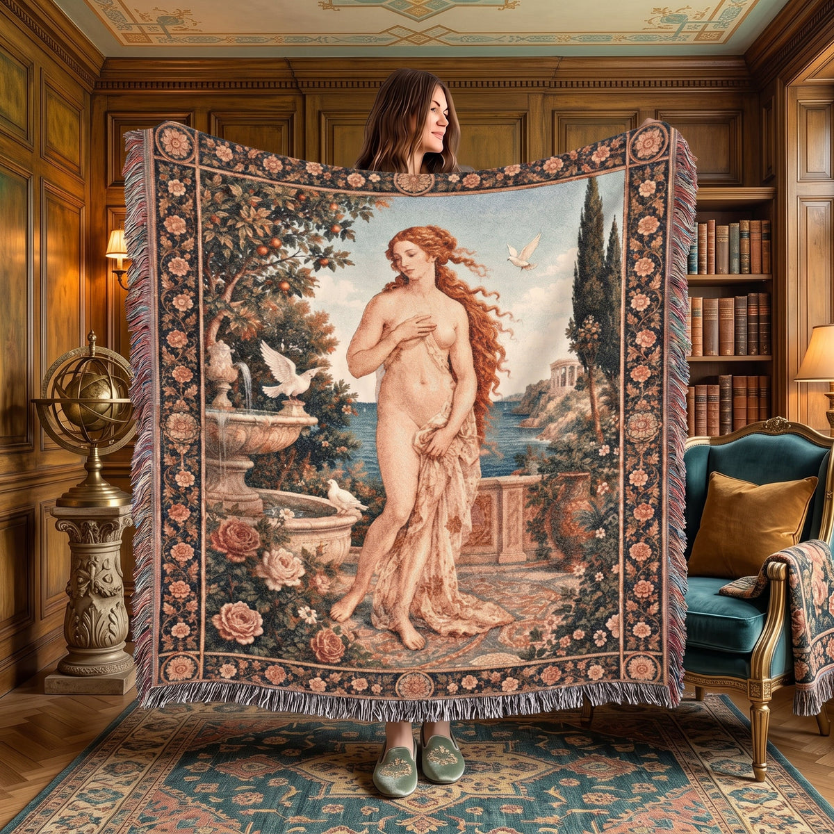 Woman holding a classical nude art woven blanket in an elegant vintage library interior