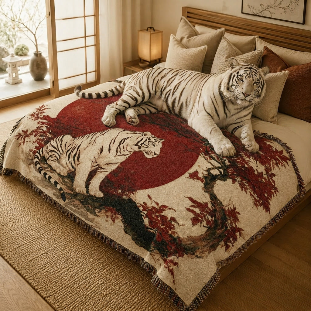 White Tiger Japanese Woven Blanket