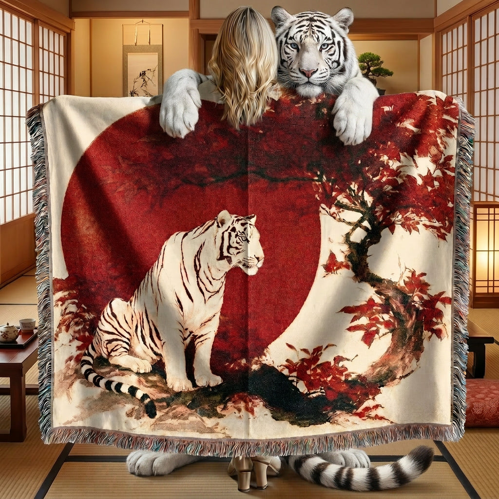 White Tiger Japanese Woven Blanket