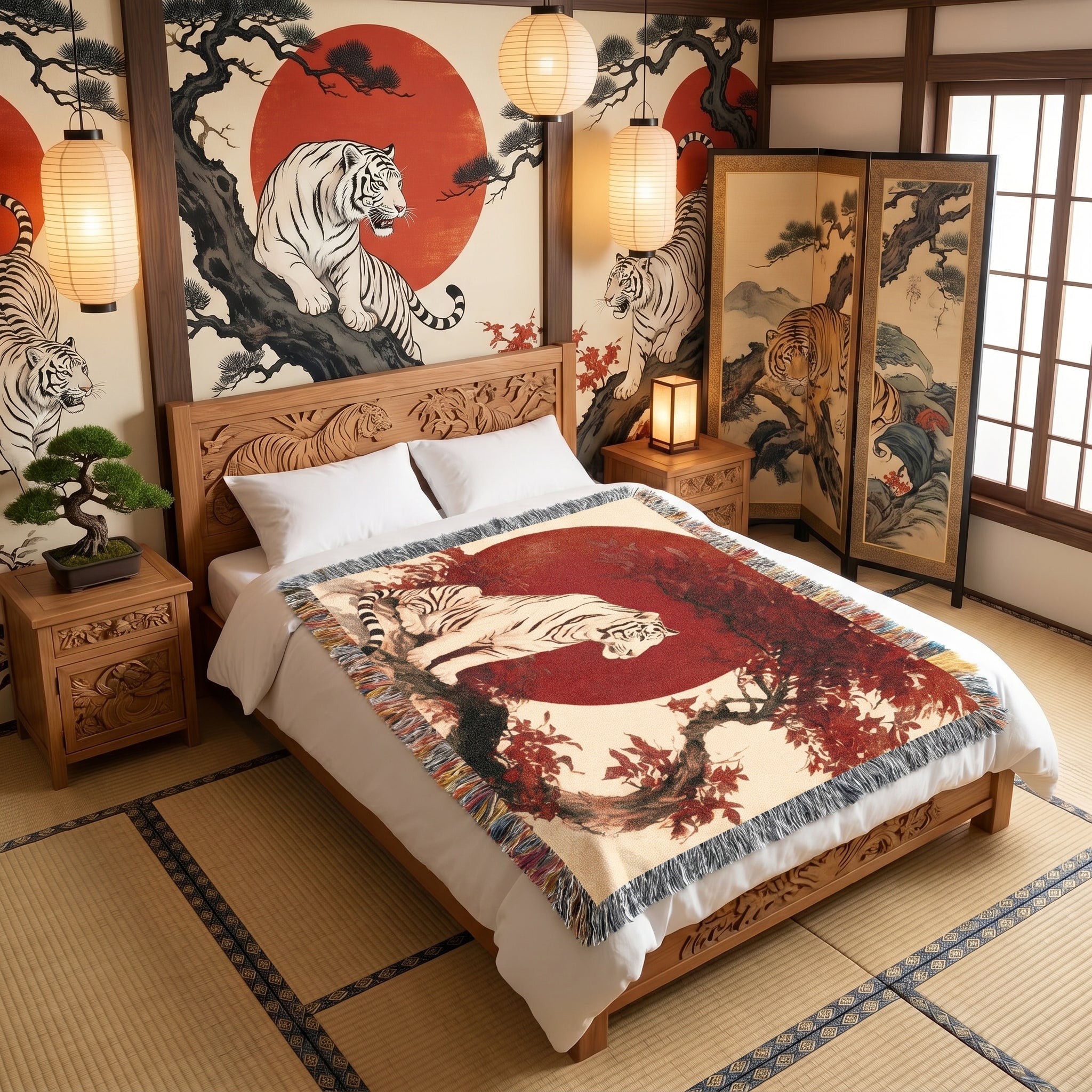 White Tiger Japanese Woven Blanket