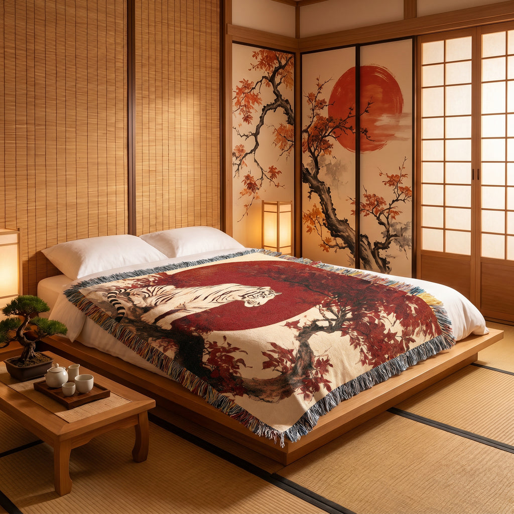 White Tiger Japanese Woven Blanket