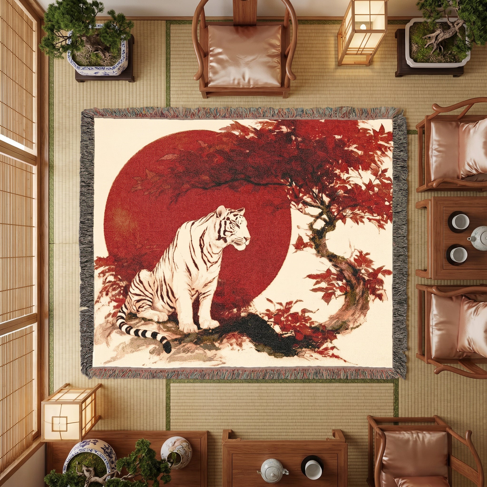 White Tiger Japanese Woven Blanket