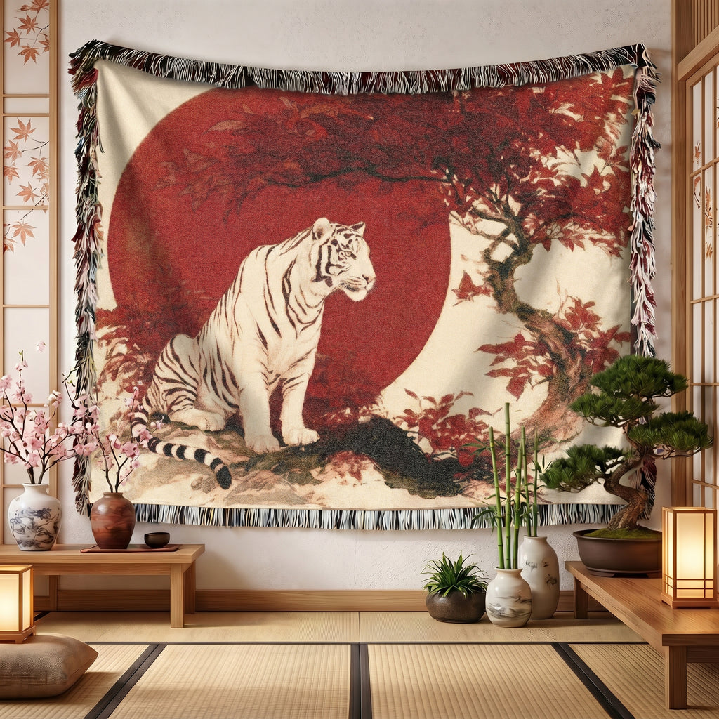 White Tiger Japanese Woven Blanket