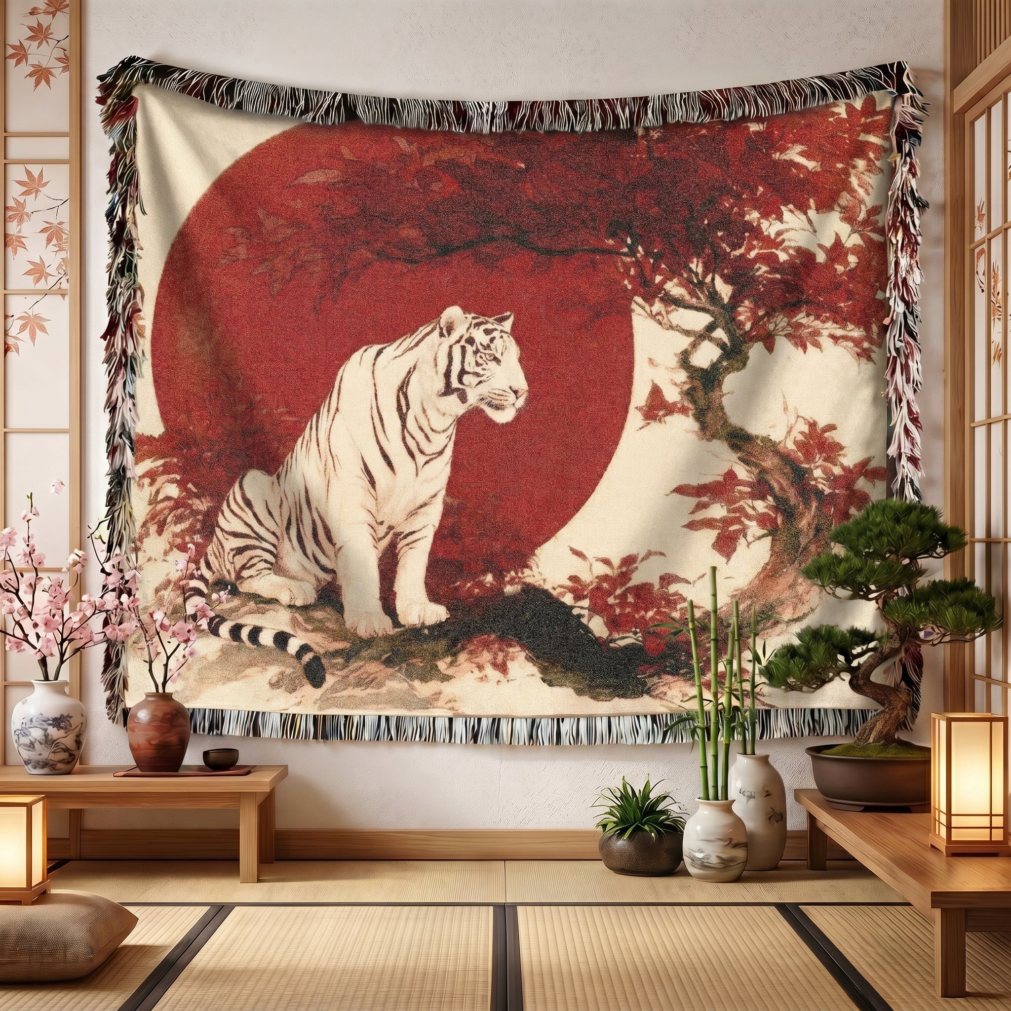 White Tiger Japanese Woven Blanket