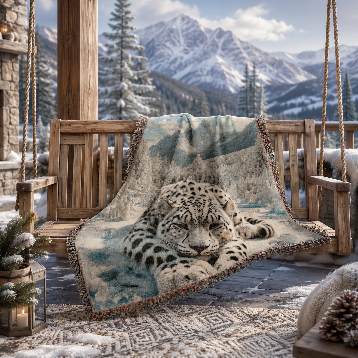 Snow Leopard Mountain Woven Blanket