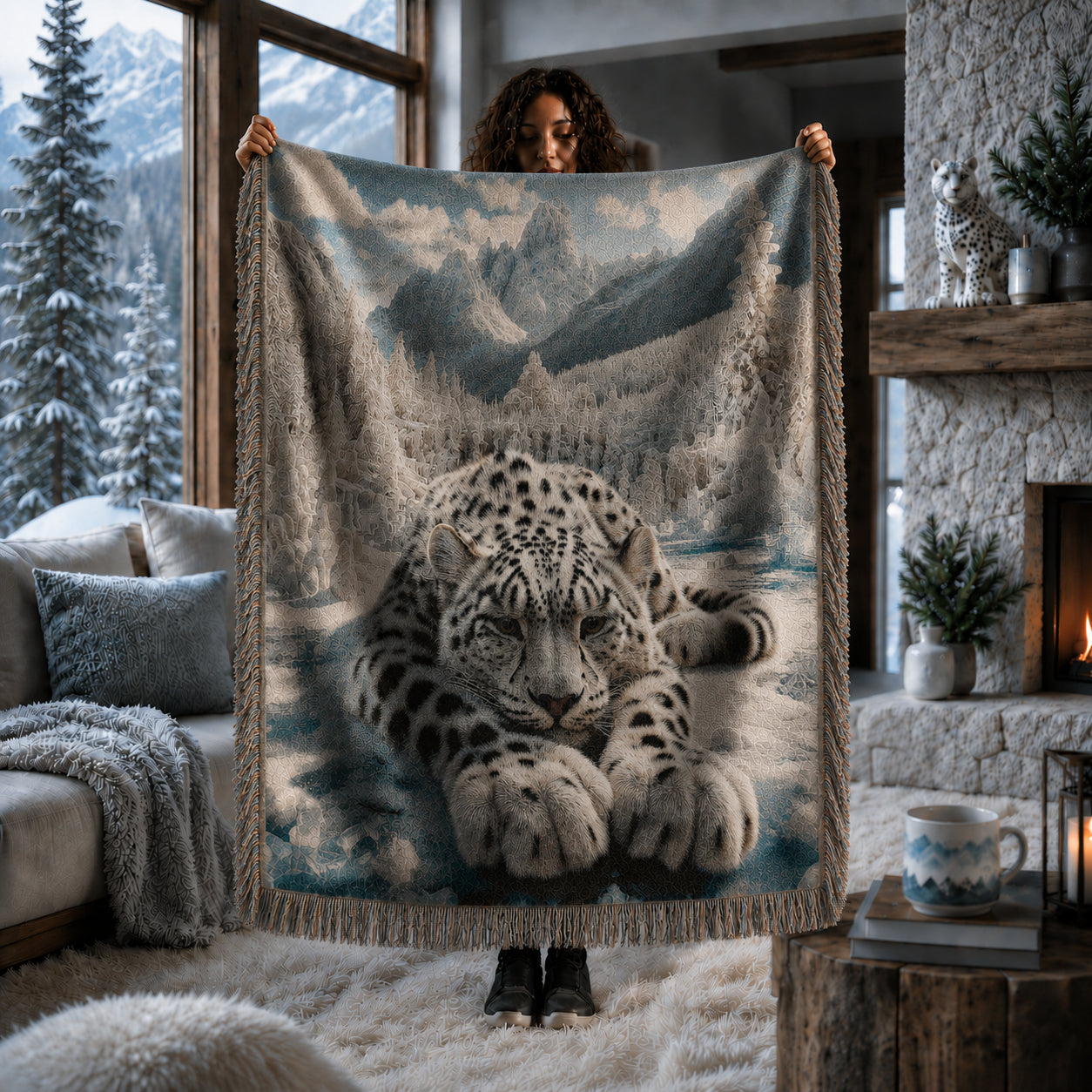 Snow Leopard Mountain Woven Blanket