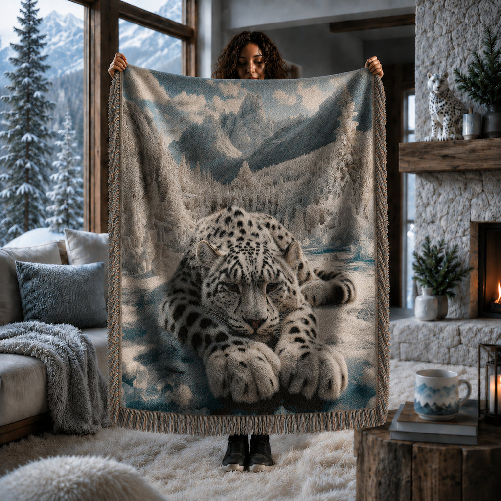 Snow Leopard Mountain Woven Blanket