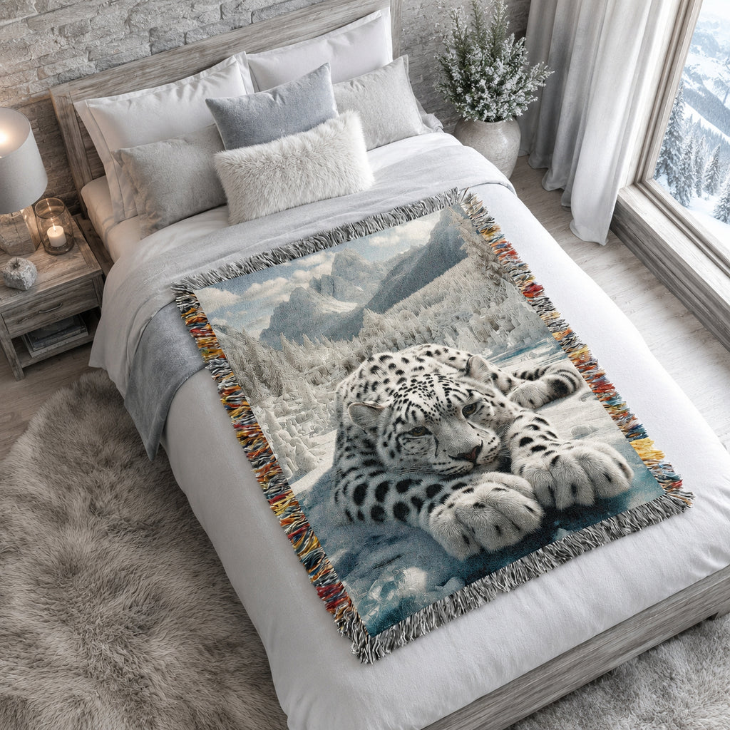 Snow Leopard Mountain Woven Blanket