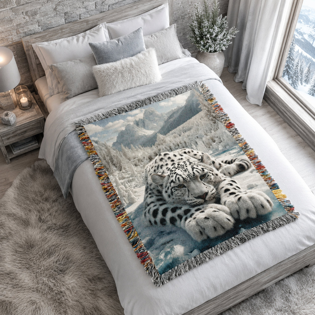 Snow Leopard Mountain Woven Blanket