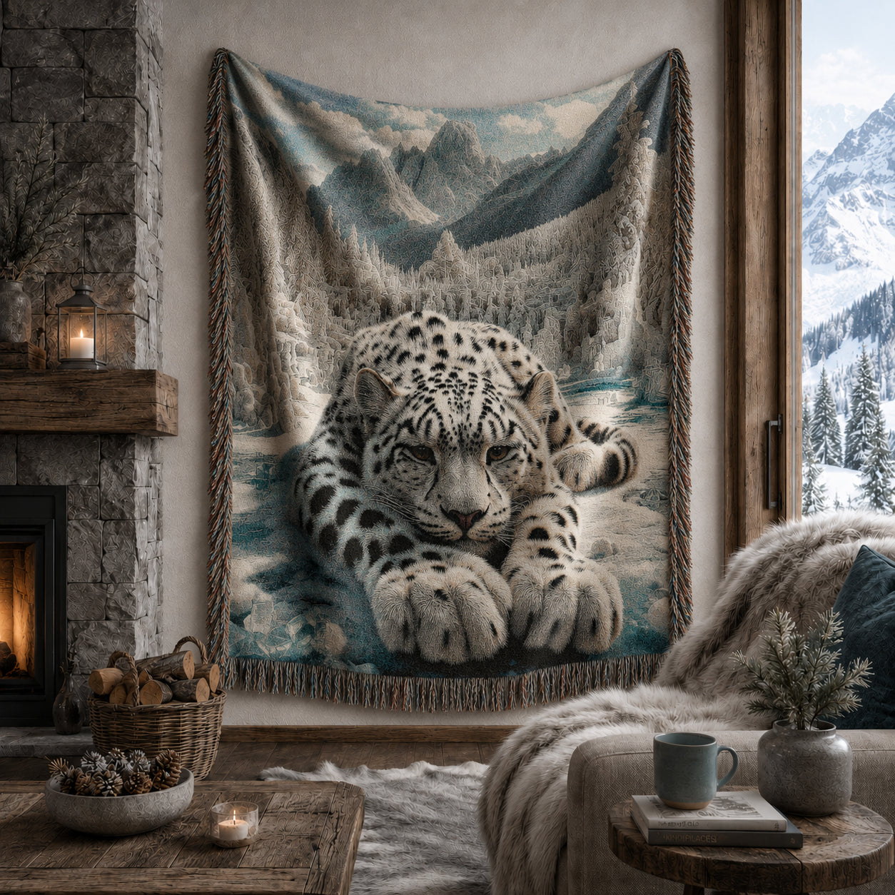Snow Leopard Mountain Woven Blanket