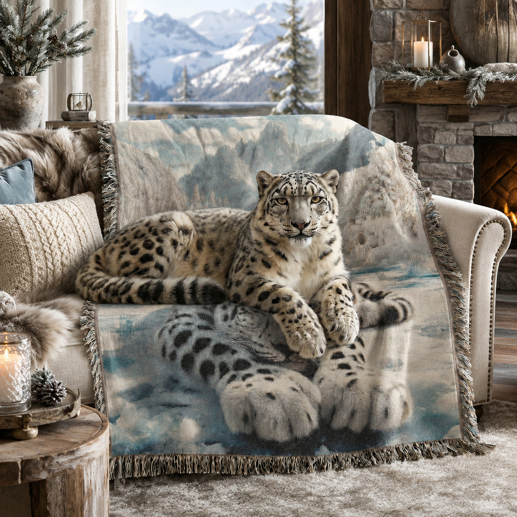 Snow Leopard Mountain Woven Blanket
