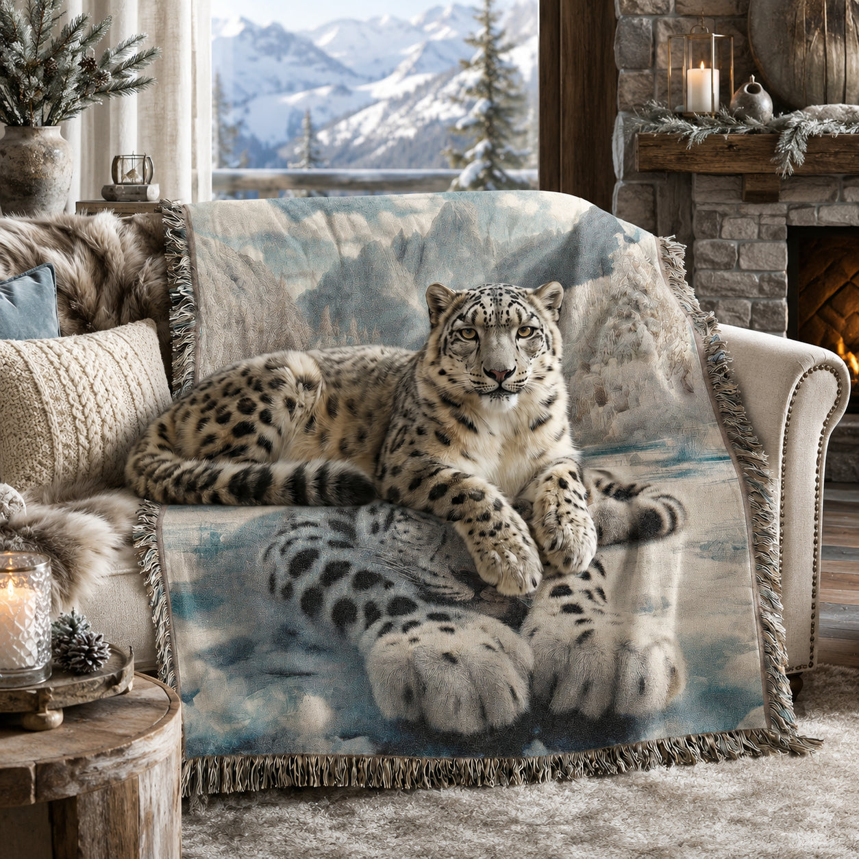 Snow Leopard Mountain Woven Blanket