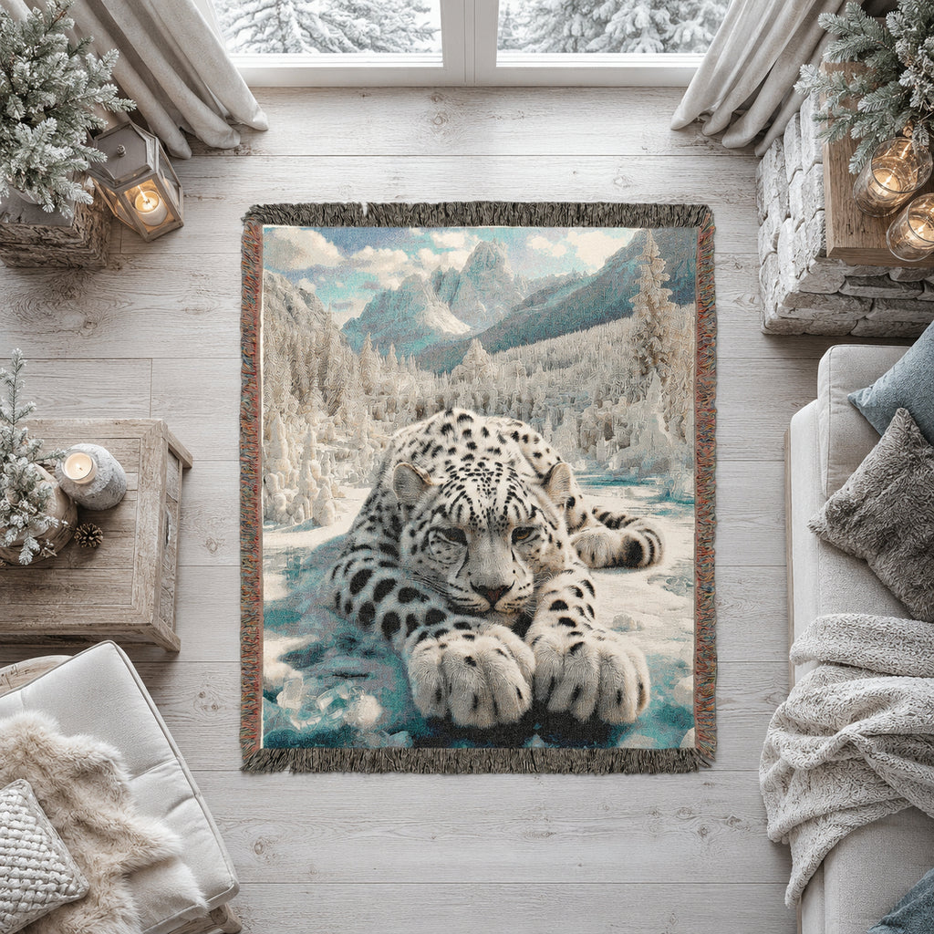 Snow Leopard Mountain Woven Blanket