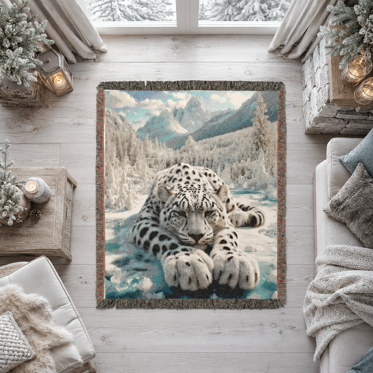 Snow Leopard Mountain Woven Blanket