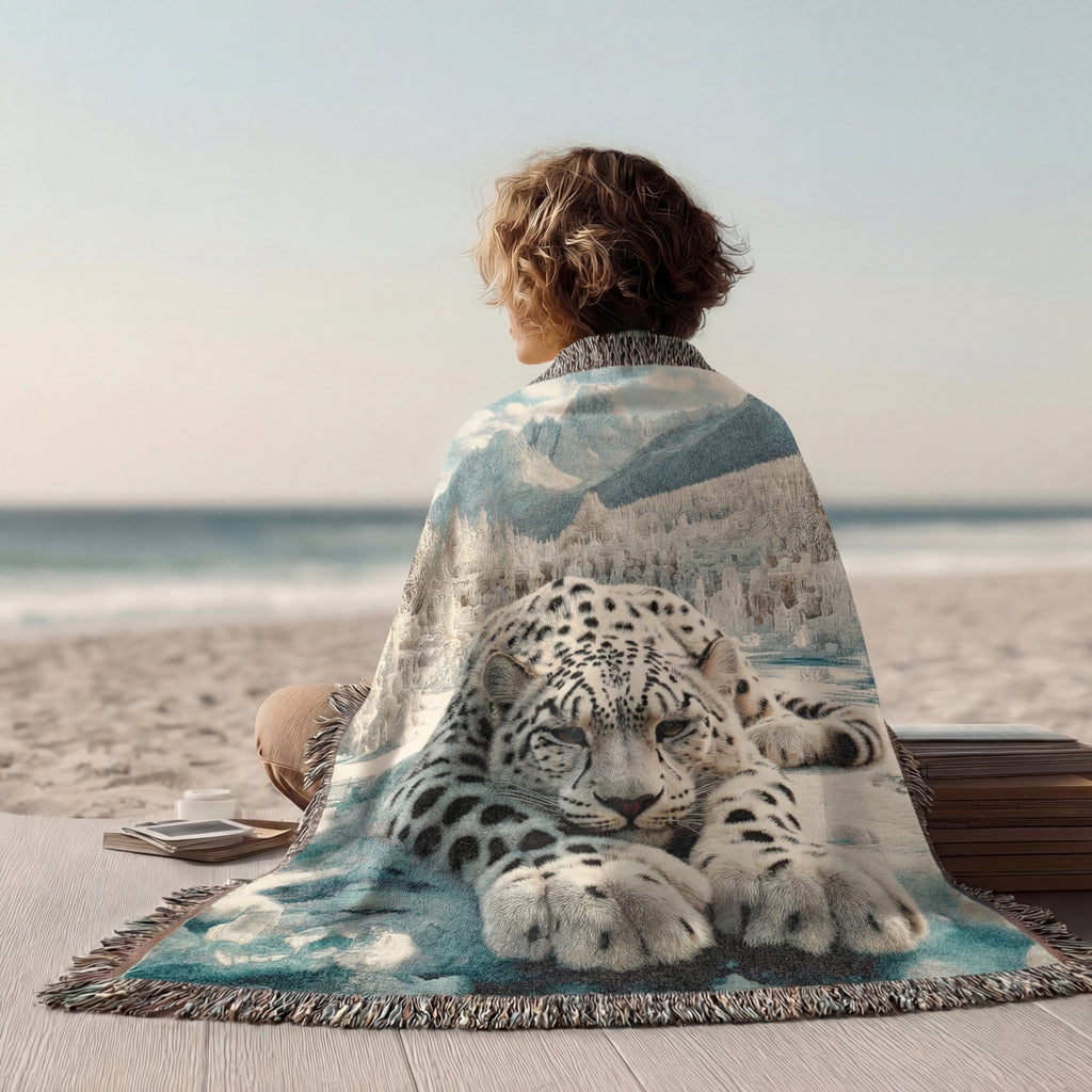 Snow Leopard Mountain Woven Blanket