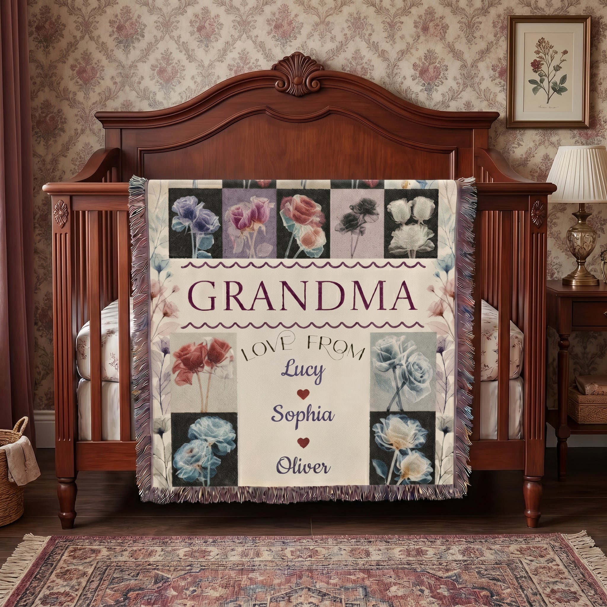 Personalized Grandma Floral Woven Blanket