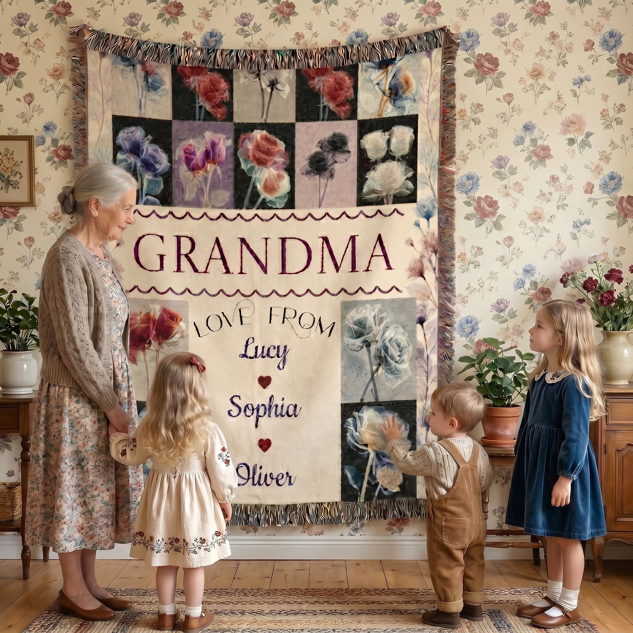 Personalized Grandma Floral Woven Blanket