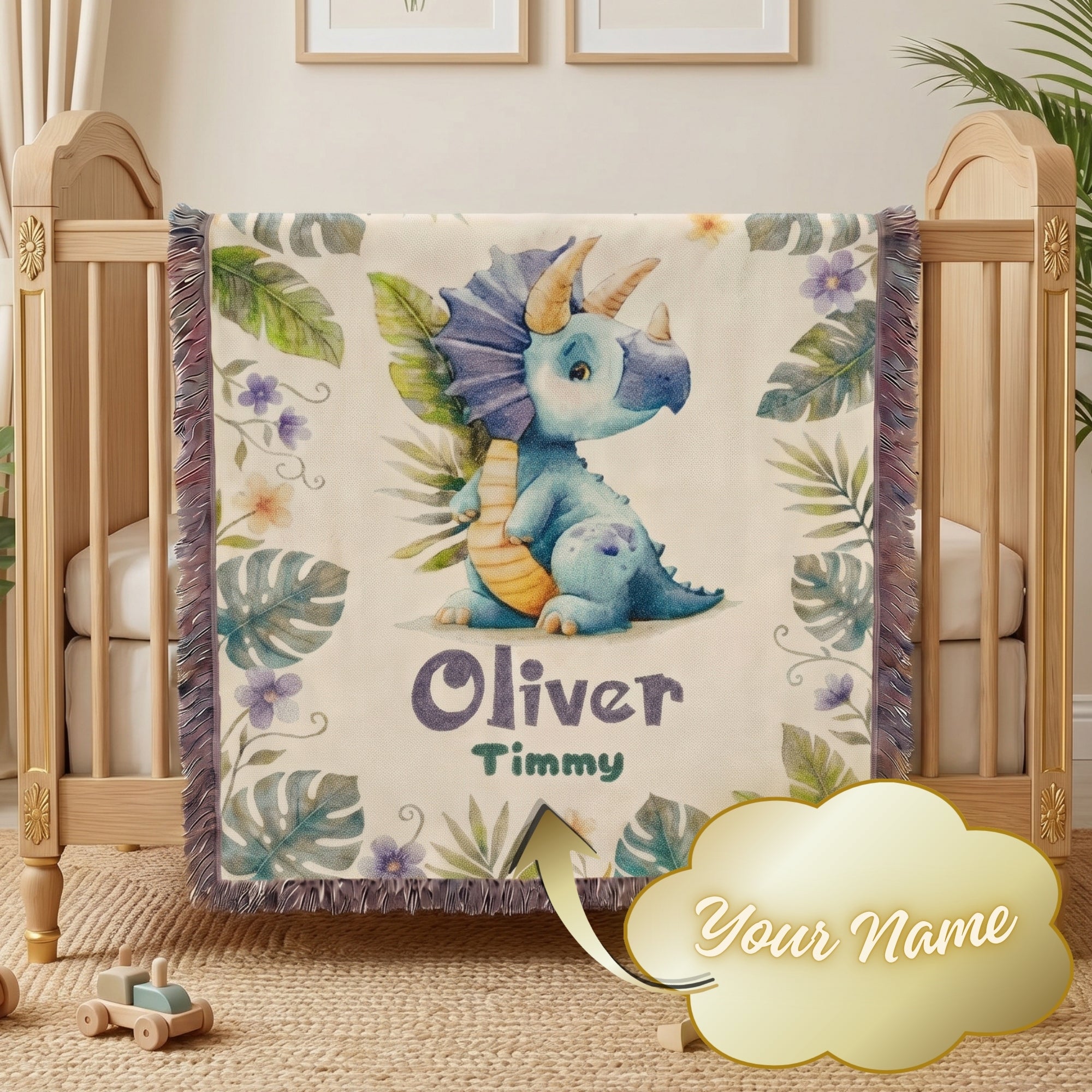 Personalized Dinosaur Name Woven Blanket
