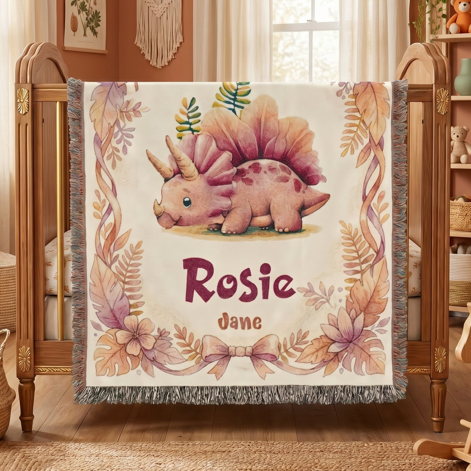 Personalized Baby Girl Dinosaur Woven Blanket