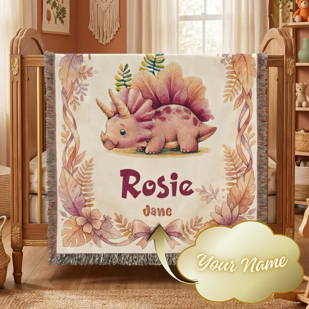 Personalized Baby Girl Dinosaur Woven Blanket
