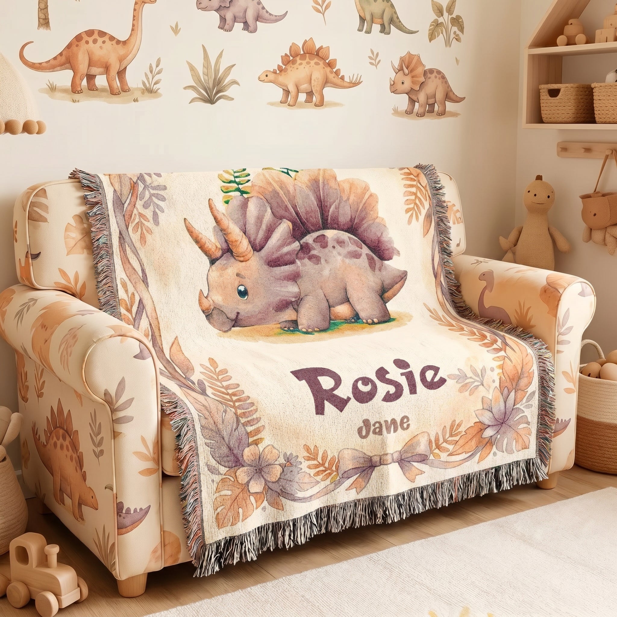 Personalized Baby Girl Dinosaur Woven Blanket