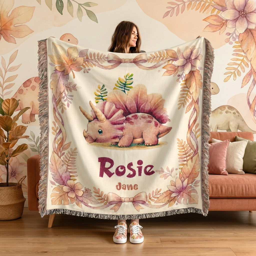 Personalized Baby Girl Dinosaur Woven Blanket