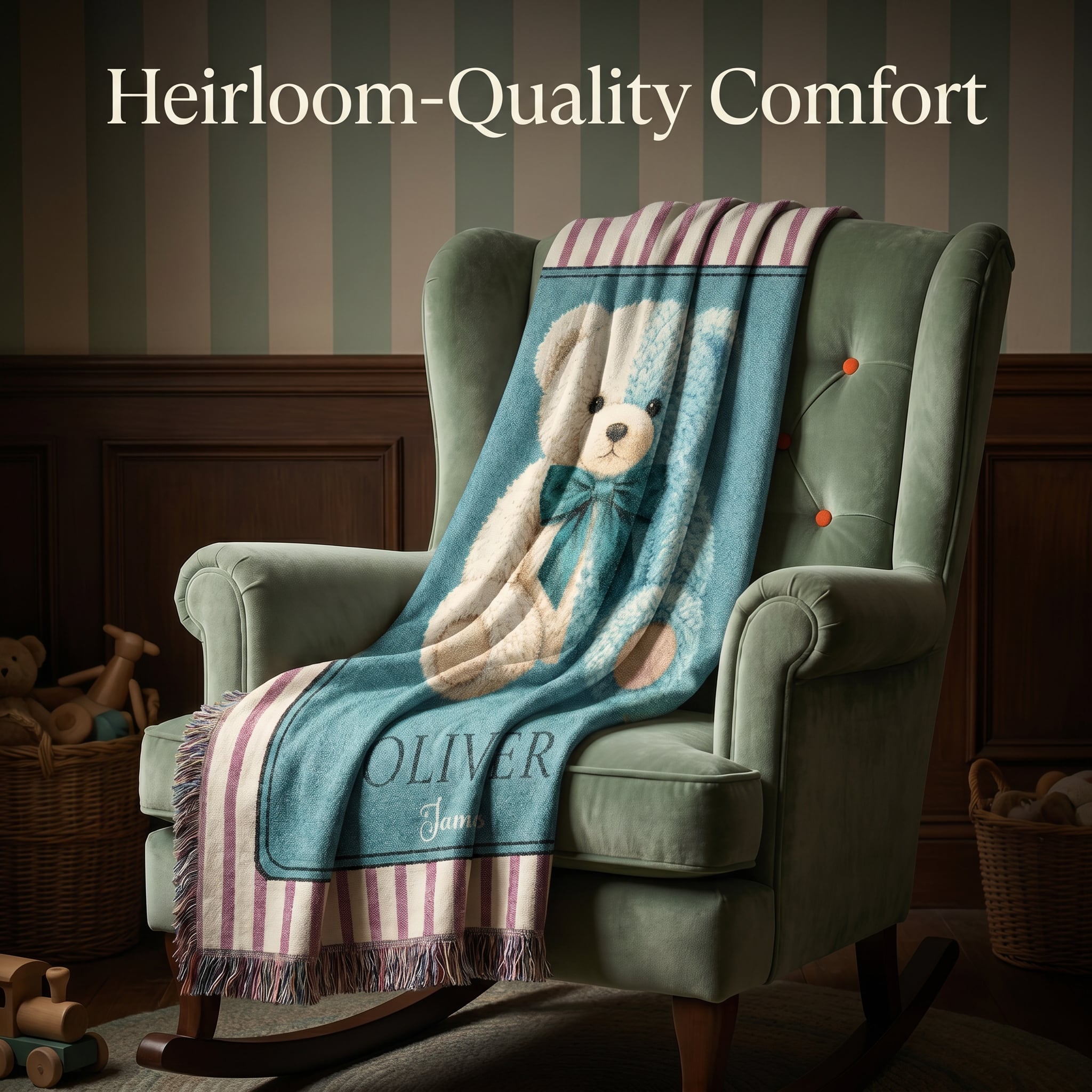Personalized Teddy Bear Baby Boy Woven Blanket