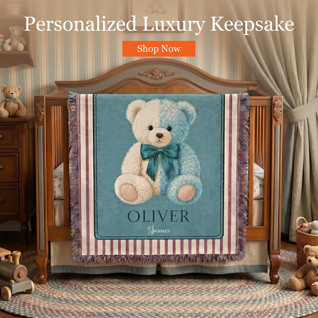 Personalized Teddy Bear Baby Boy Woven Blanket