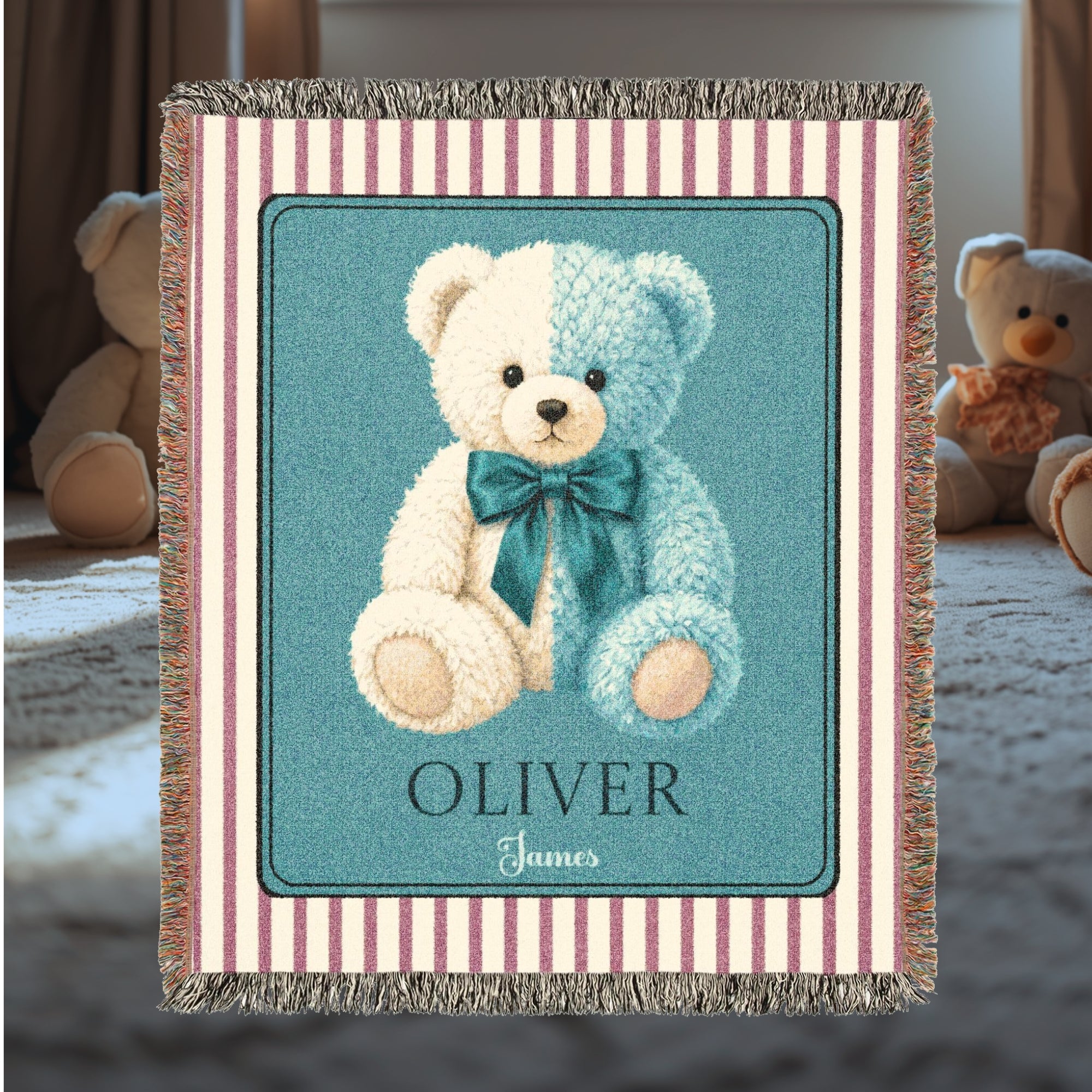 Personalized Teddy Bear Baby Boy Woven Blanket