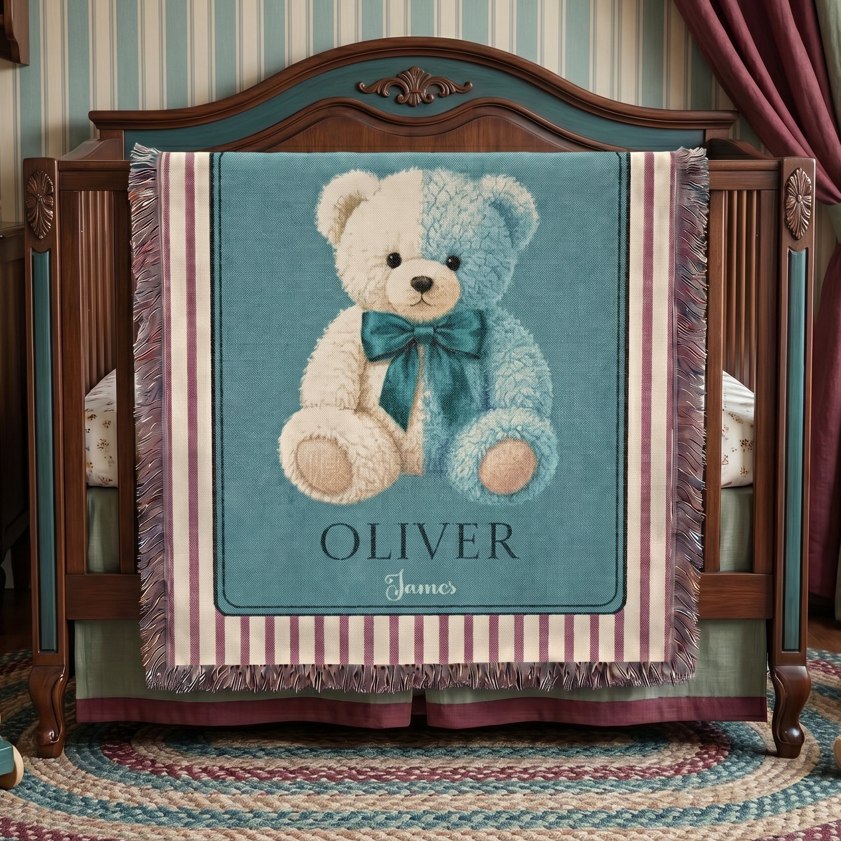 Personalized Teddy Bear Baby Boy Woven Blanket