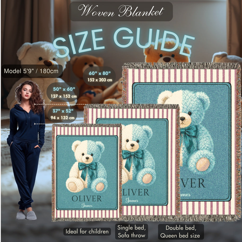 Personalized Teddy Bear Baby Boy Woven Blanket