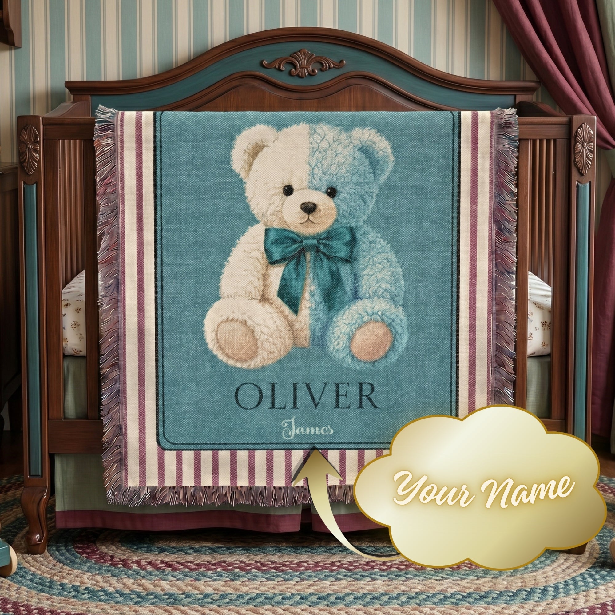 Personalized Teddy Bear Baby Boy Woven Blanket