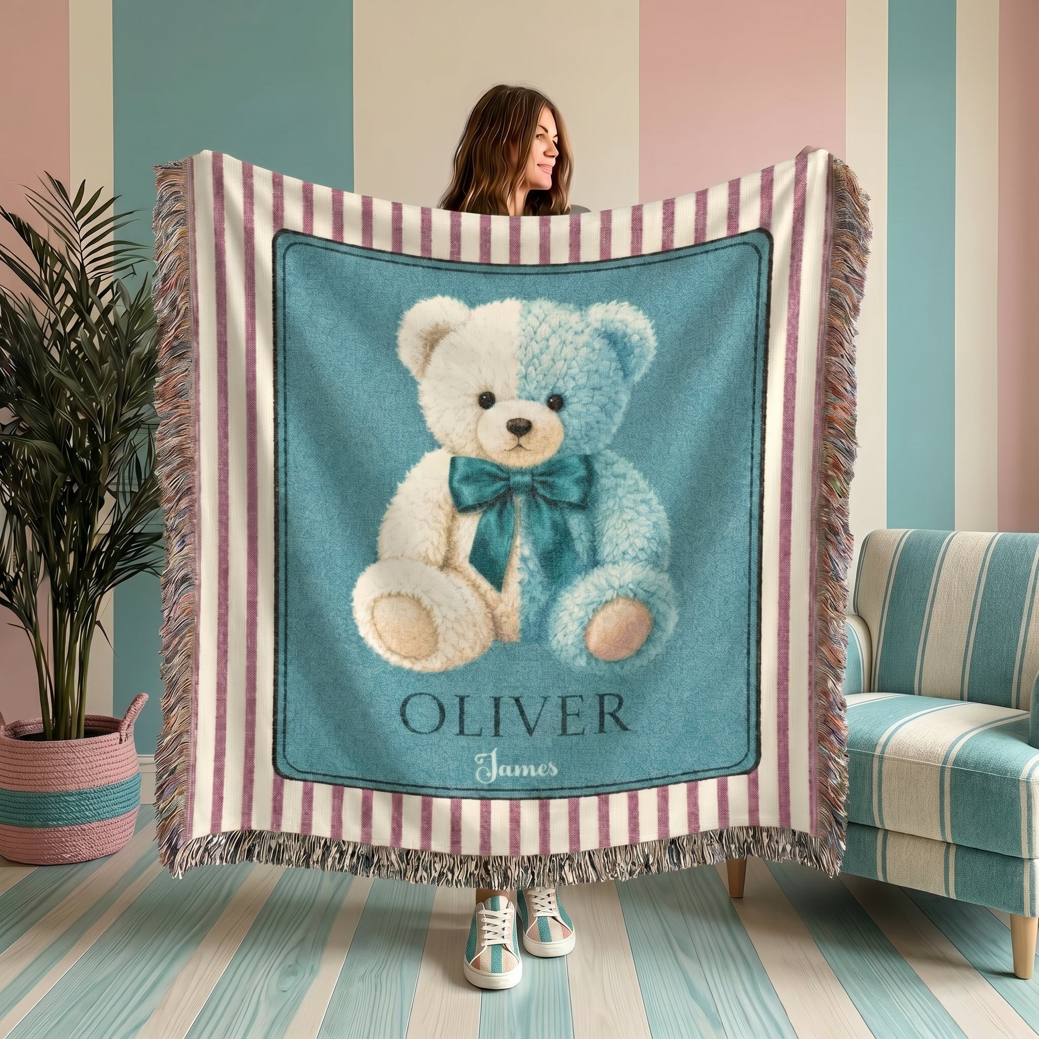 Personalized Teddy Bear Baby Boy Woven Blanket
