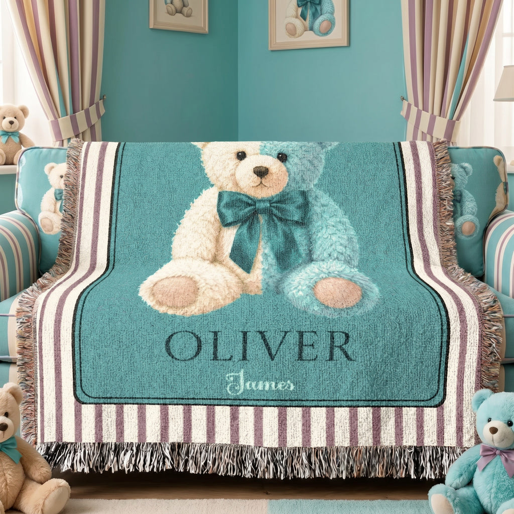 Personalized Teddy Bear Baby Boy Woven Blanket