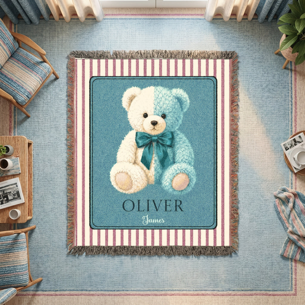 Personalized Teddy Bear Baby Boy Woven Blanket