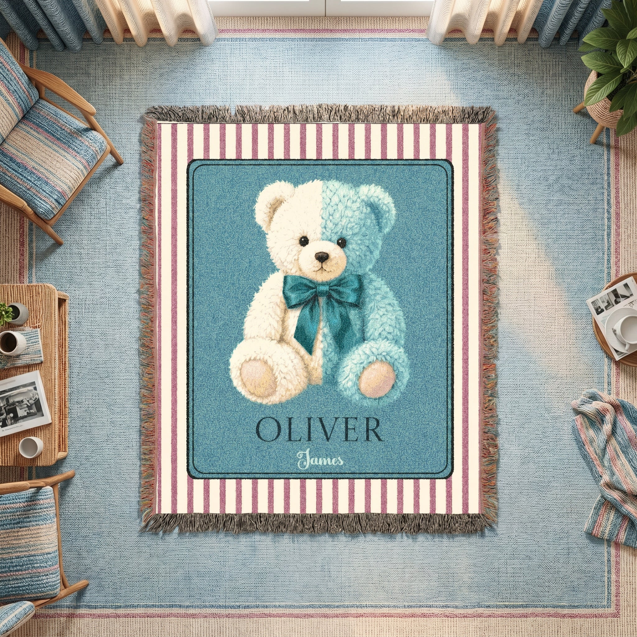 Personalized Teddy Bear Baby Boy Woven Blanket