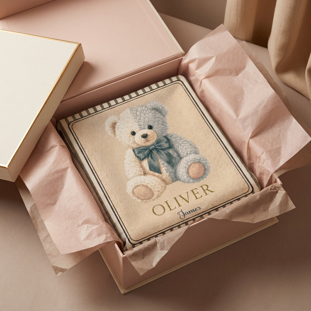 Personalized Teddy Bear Baby Boy Woven Blanket