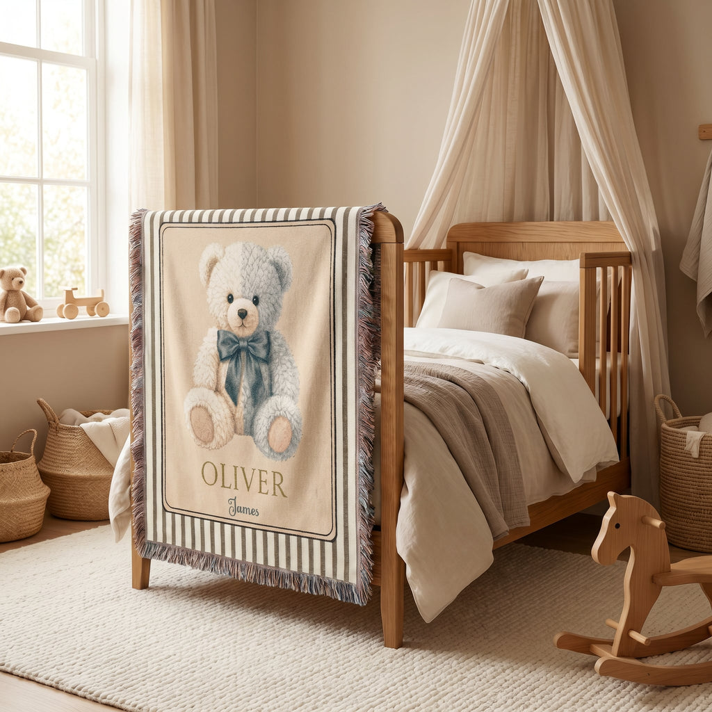 Personalized Teddy Bear Baby Boy Woven Blanket