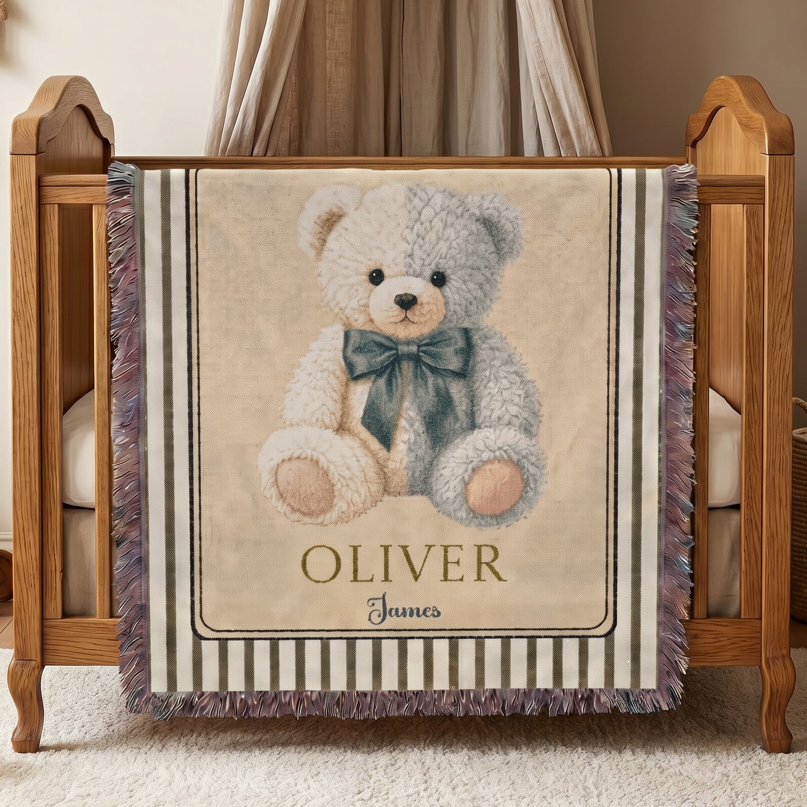 Personalized Teddy Bear Baby Boy Woven Blanket