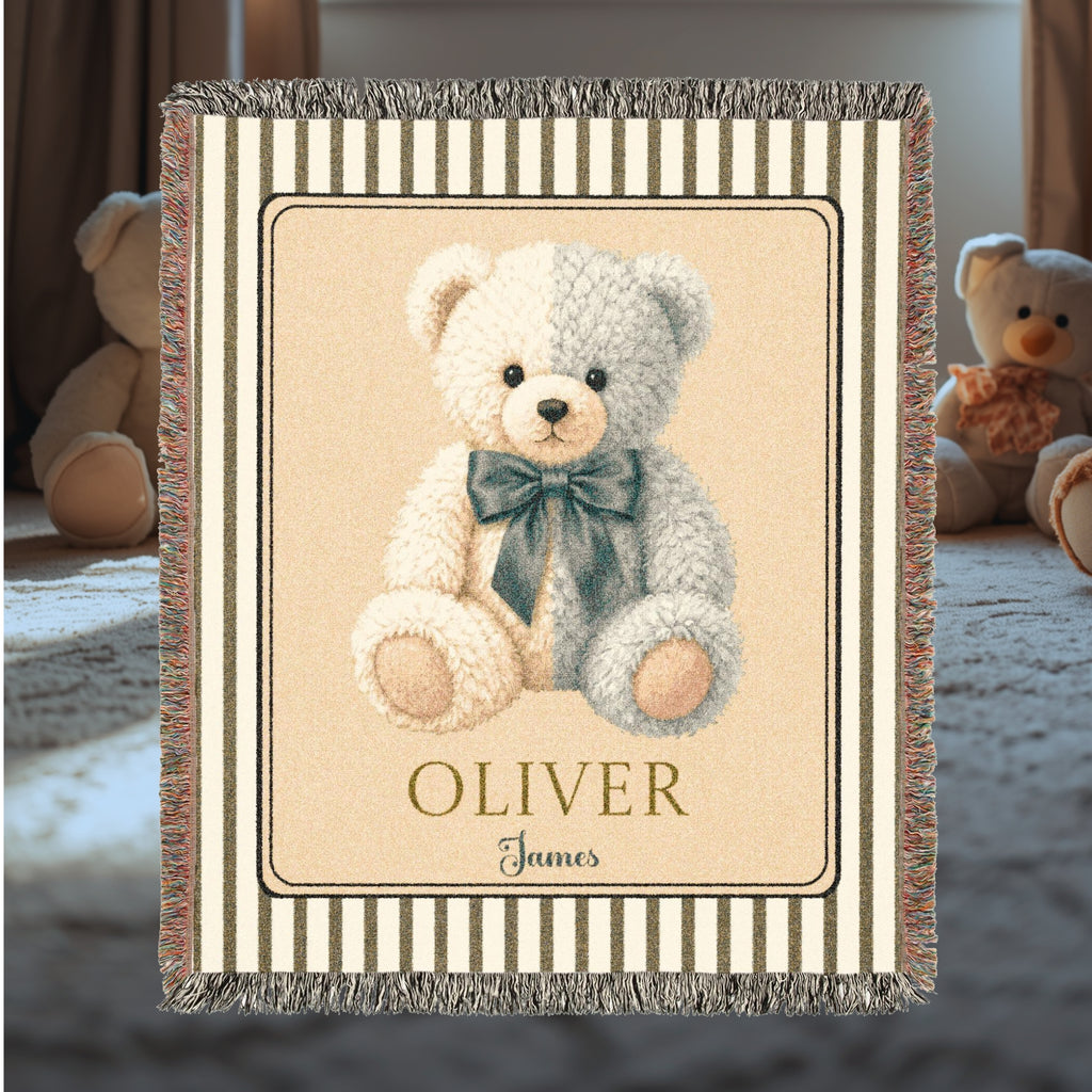 Personalized Teddy Bear Baby Boy Woven Blanket