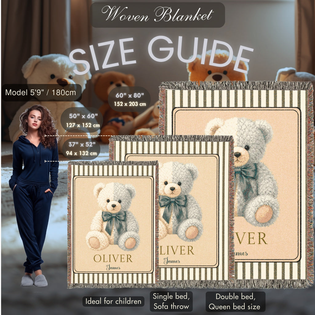 Personalized Teddy Bear Baby Boy Woven Blanket