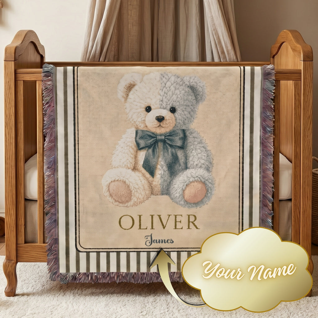 Personalized Teddy Bear Baby Boy Woven Blanket