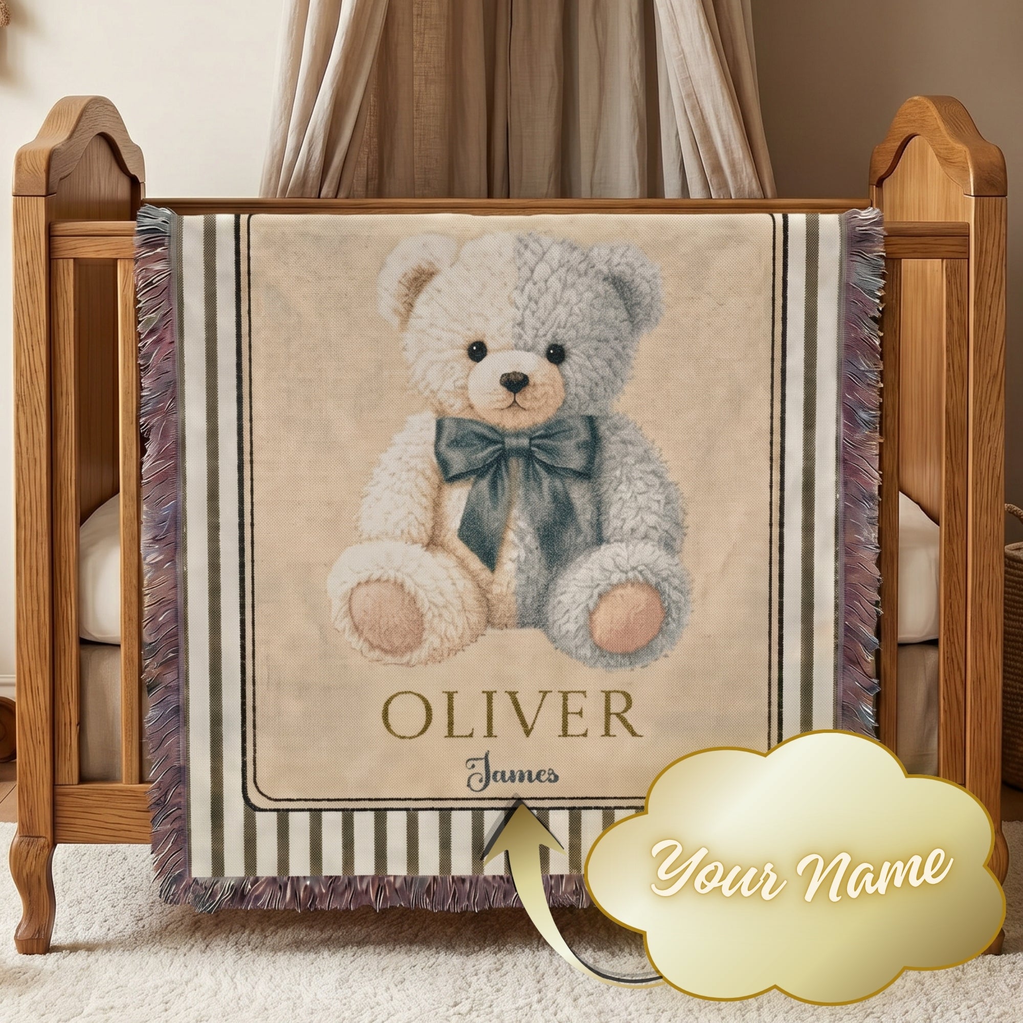 Personalized Teddy Bear Baby Boy Woven Blanket