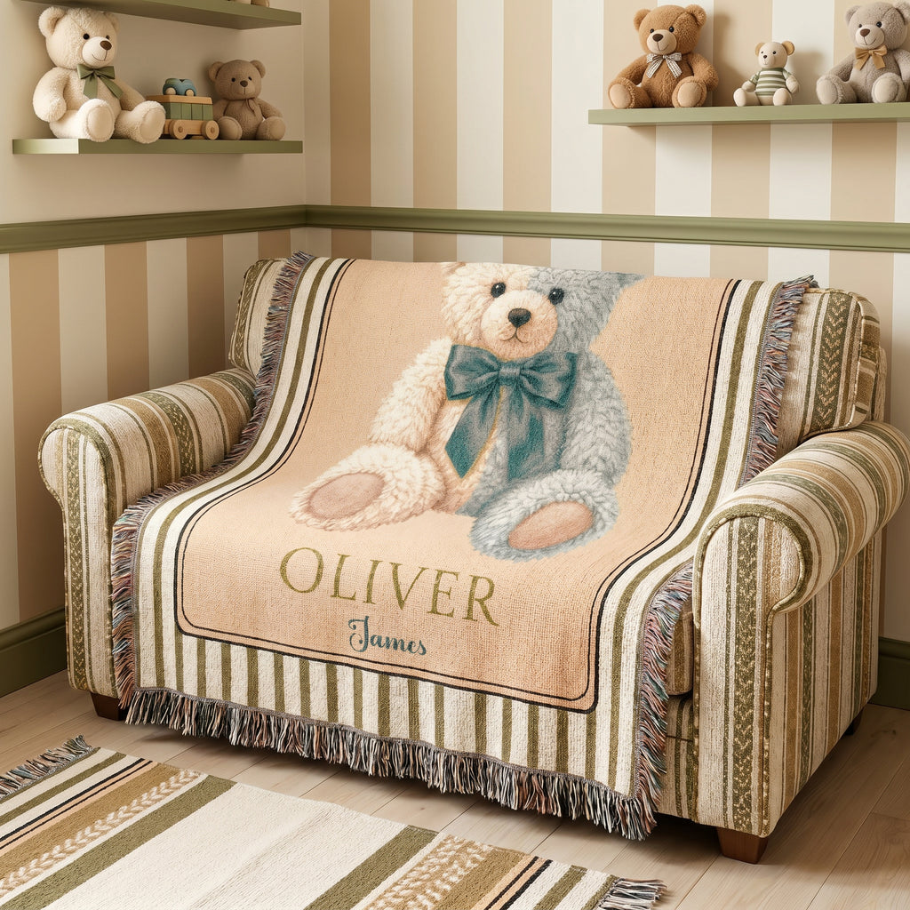 Personalized Teddy Bear Baby Boy Woven Blanket