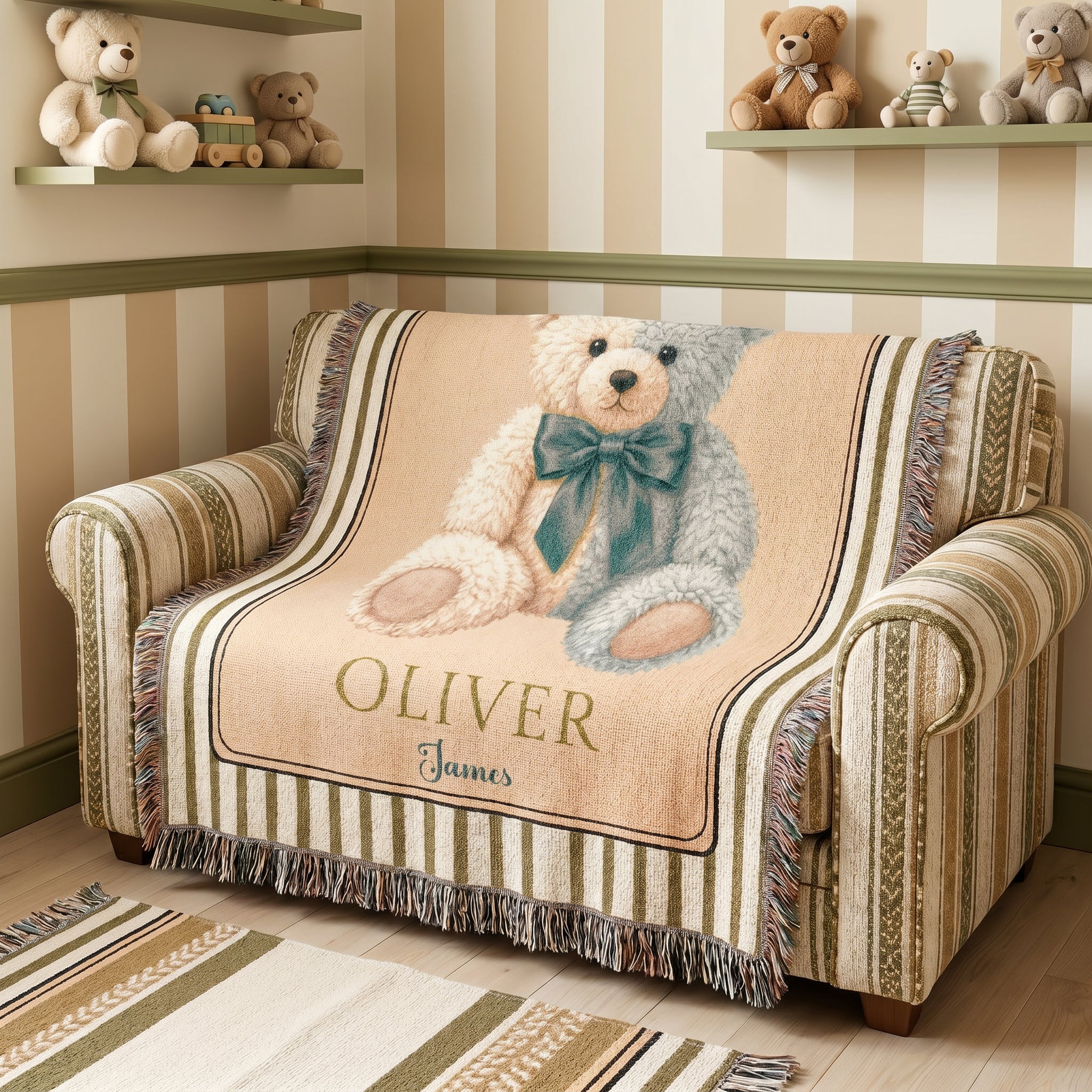 Personalized Teddy Bear Baby Boy Woven Blanket