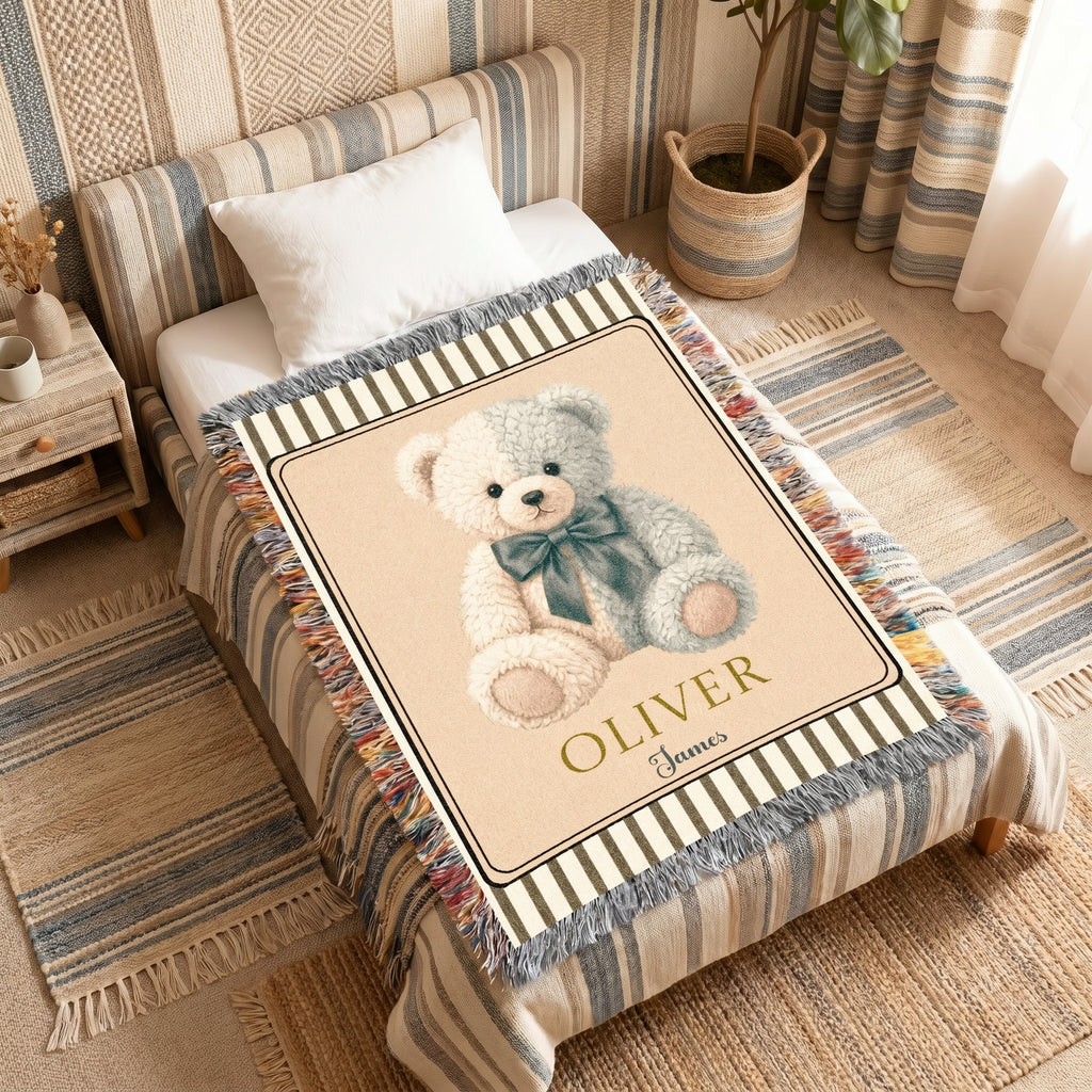 Personalized Teddy Bear Baby Boy Woven Blanket