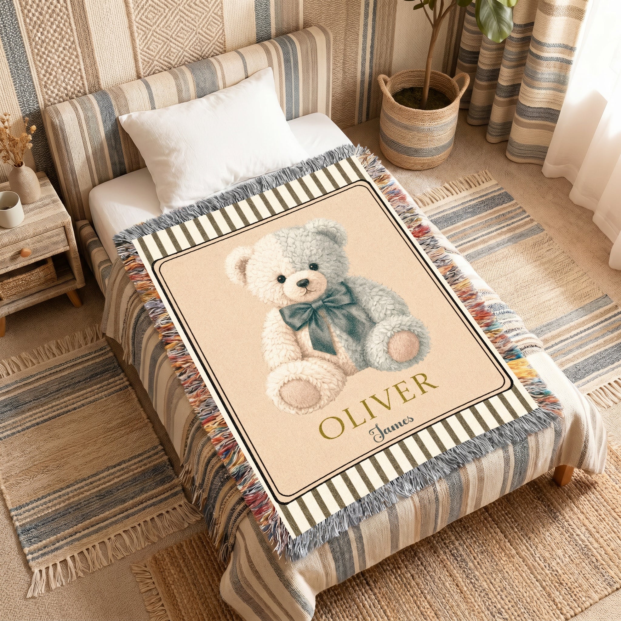 Personalized Teddy Bear Baby Boy Woven Blanket