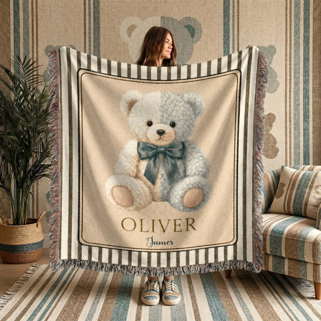 Personalized Teddy Bear Baby Boy Woven Blanket