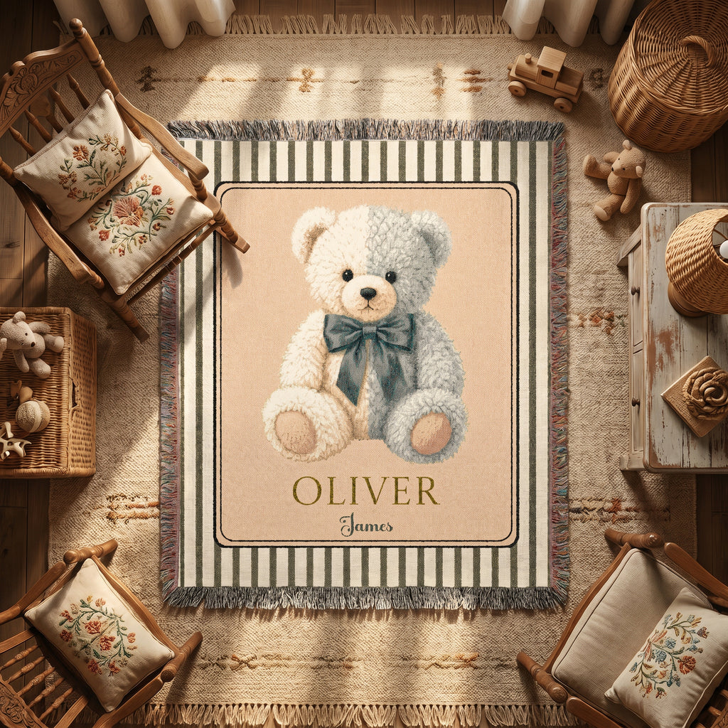 Personalized Teddy Bear Baby Boy Woven Blanket